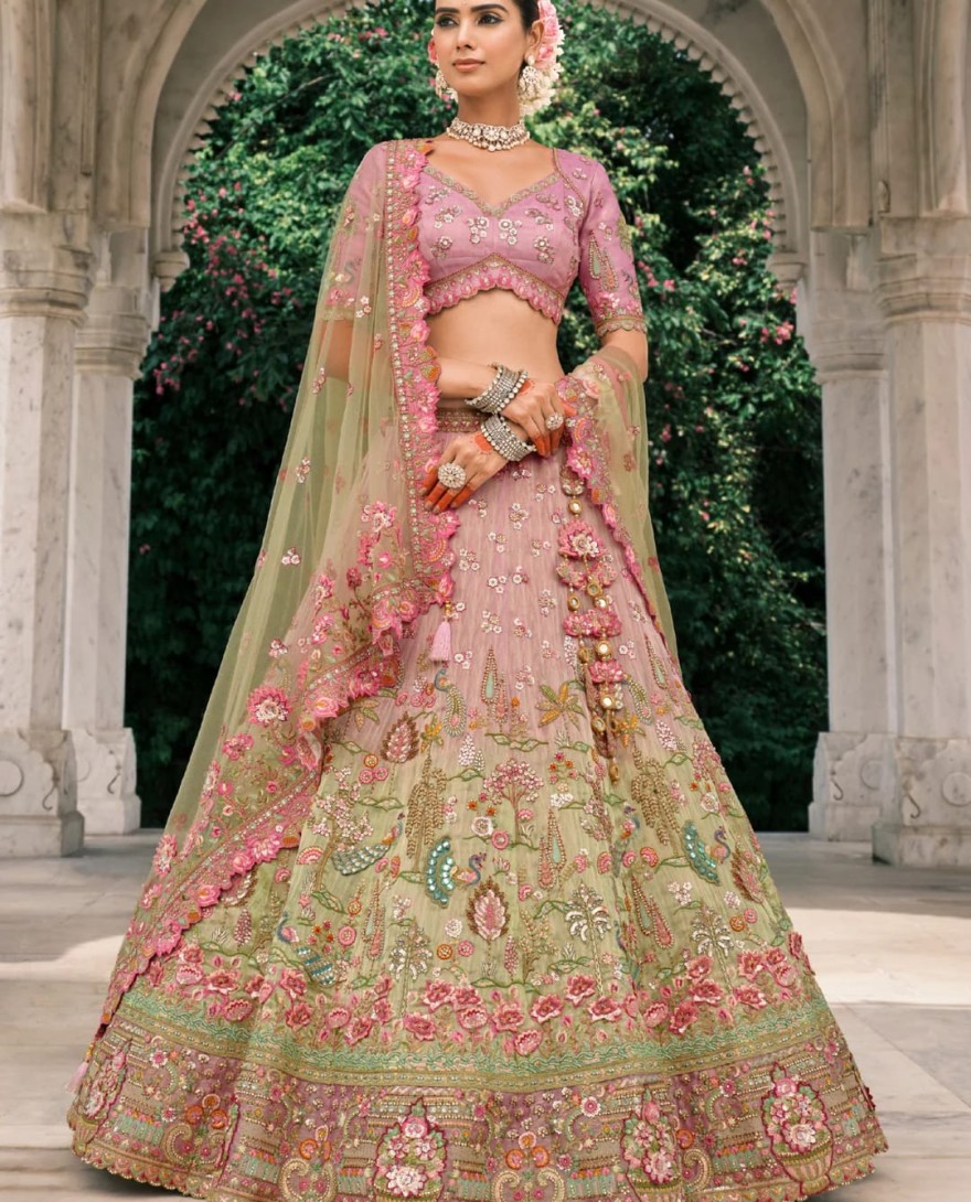 Green - Pistachio Green Fancy Silk Lehenga Choli With Cut Work Embroidery Border & Stone Work